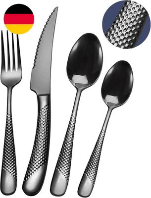 SHEUMNT 24-Teiliges Modernes, Gehämmertes Besteckset Aus Schwarz Mit Ultrascharf - Bild 1 von 4