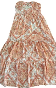 Boutique Orange/Peach O-Ring Cut Out Floral Print Strapless Maxi Dress Very Boho - Picture 1 of 12