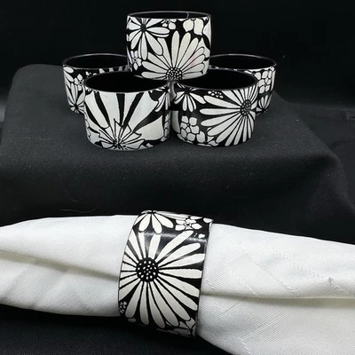 Juego de 6 servilleteros florales negros blancos estilo mod años 70 Flower Power vintage Foto 1 de 4