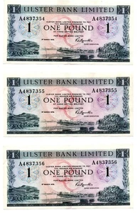 Ulster Bank Limited, One Pound / £1,Note, 3 in Seq, 1st March 1976, Last Issue - Picture 1 of 2