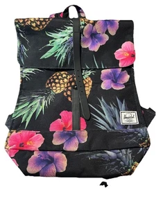 Herschel Supply Co Floral Backpack 18x13 Flap Pockets Black Pineapple Tropical - Picture 1 of 6