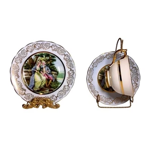 Ashley Bone China England 3pc Courting Couple Teacup Saucer Plate 22K Gold - Picture 1 of 12