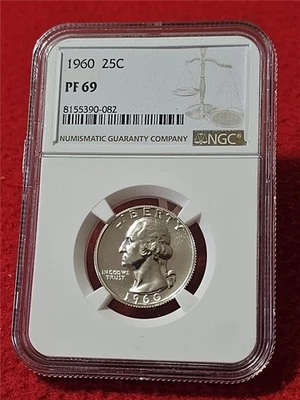 1960 PROOF WASHINGTON SILVER QUARTER   NGC PF 69    NO SPOTS              #T6178 - Image 1 of 2