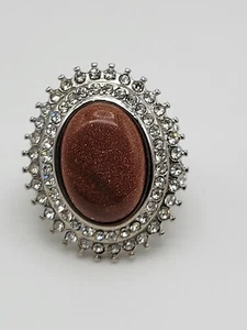 Stainless Steel Silver Tone Crear Crystal Goldstone Glass Eing Size 8 - Picture 1 of 10