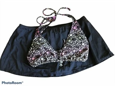 Top de bikini antiguo azul marino y falda Jantzen para mujer marrón palmera elástico halter 14 Foto 1 de 4