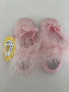 NWT! BUILD-A-BEAR SLIPPERS PINK SATIN WITH GLITTER AND MARABOU SIZE MEDIUM 7-8 - Picture 1 of 12