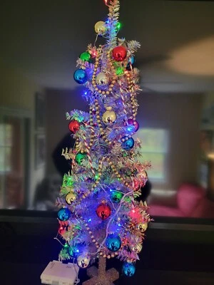 Silver Tinsel Christmas Tree Tabletop 24 in Vintage Style MCM with ornaments  - Image 1 of 4