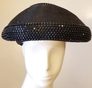 Authentic, Vintage, Jack McConnell - Black, Straw, Beaded, Beret Hat (L) - Picture 1 of 9