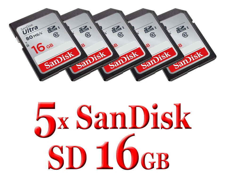 NEW 5x Lot SanDisk Ultra 16GB 80MB/s SD SDHC SDSDUNB Camera Card Lot 5 x 16 GB - Image 1 of 4