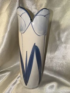 Signed Pottery Ceramic 7.5"T SCANDINAVIAN Vase Tulip Blue And Cream - Picture 1 of 8