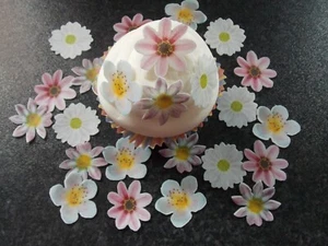 24 PRECUT Edible small Pink & White Mix Flowers wafer paper cake/cupcake toppers - Picture 1 of 3