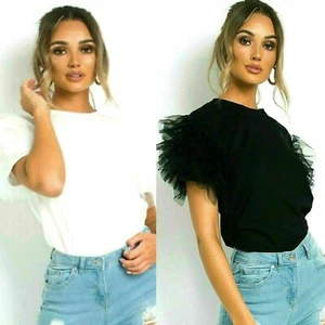 Ladies Tulle Scoop Neck Frill Mesh Puff Short Sleeve Women Party Tee T Shirt Top - Picture 1 of 6