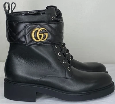 Gucci Womens Double G-Plaque Boots Size 11.5 Combat Round Toe Leather Ankle - Image 1 of 4