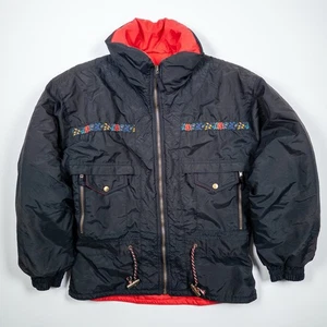 Vintage Edelweiss Skiwear Damen Medium schwarz rot Blumen Puffer Jacke 80er - Bild 1 von 8
