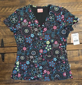 Neu mit Etikett Zavate Ava Therese Audrey 2-Pocket Stretch V-Ausschnitt Scrub Top schwarz Blumenmuster XS - Bild 1 von 9