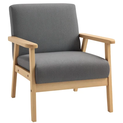 HOMCOM Accent Chair with Wood Frame Wide Seat Linen Armchair Grey - Image 1 of 4