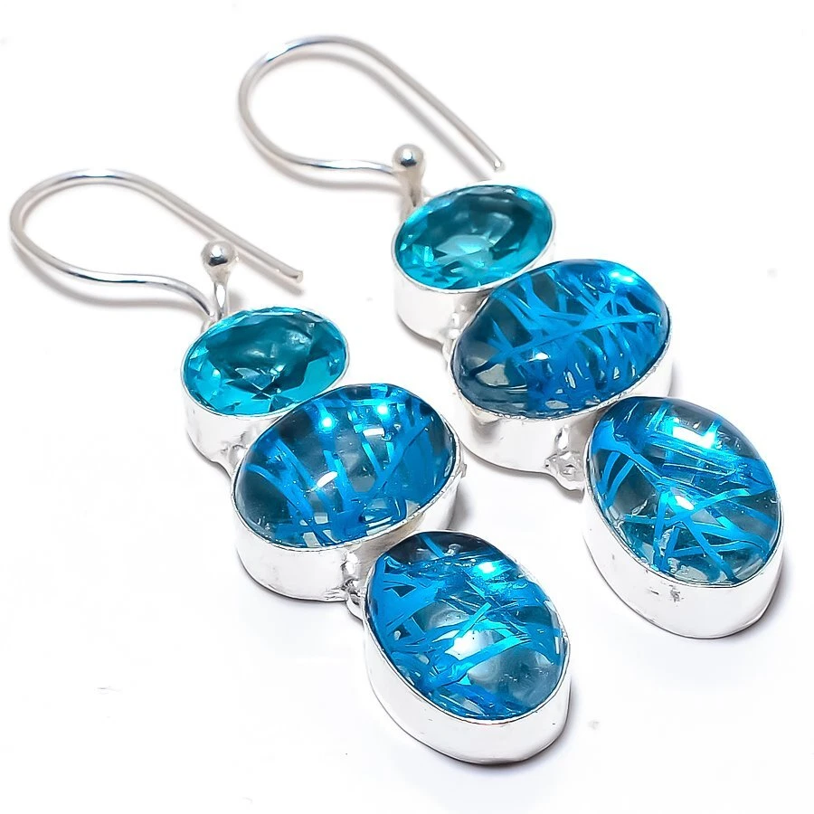 Blue Rutile Quartz Gemstone Handmade 925 Silver Jewelry Earring 2.4" R-2763 - Image 1 of 1