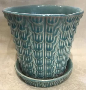 Nelson McCoy Aqua Fish Scale Pot W/Saucer - Picture 1 of 12