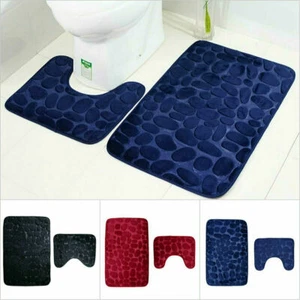 2Pcs Non Slip Pebbles Bath Mat Set Pedestal Mat Memory Foam Soft Bathroom Rug - Picture 1 of 12