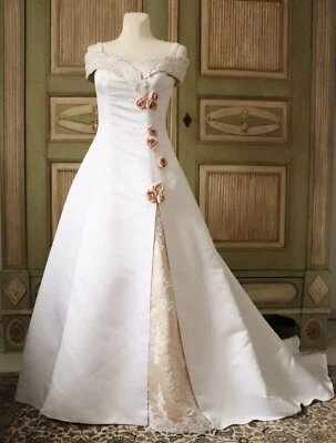 Rosen Perlen Schleppe Weites Prinzessinen Braut Kleid Weiß Champagne S 34 36 - Bild 1 von 4