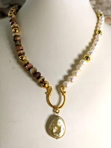 Yellow Opaline Glass & Natural Pearls In Assymetrical GP Necklace W/ Pearl Coin - Picture 1 of 8