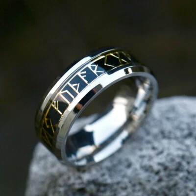 Nordic Vintage Gold Viking Rune Inlay Ring Titanium Men Women Retro Wedding Band - Image 1 of 2