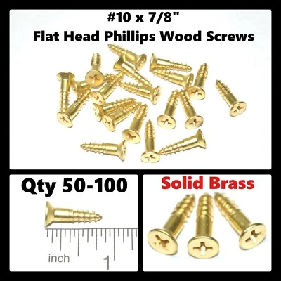 Tornillos de madera de latón macizo avellanador de cabeza plana Phillips #10 x 7/8" (cantidad 50-100) Foto 1 de 4