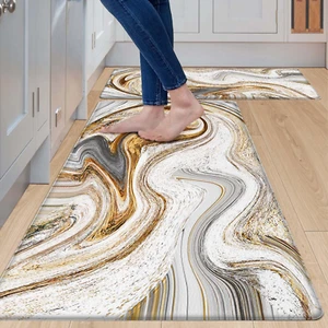Marble Kitchen Rugs Sets of 2 anti Fatigue Kitchen Mat for Floor Gold Grey Fluid - Picture 1 of 7