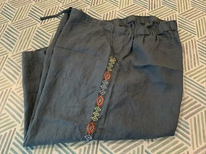 Johnny Was Blue Linen Embroidered Boho Drawstring Waist Cotton Capris Sz 3X - Picture 1 of 11