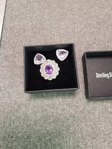 Anillo de plata esterlina amatista talla 6 y conjunto de pendientes a juego nuevo en caja - Imagen 1 de 12