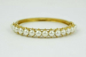 Round Lab Created Perl Diamond Anniversary Gift Bangle 14K Yellow Gold Plated - Picture 1 of 7
