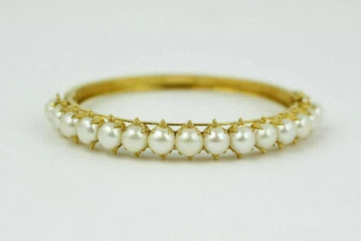 Round Lab Created Perl Diamond Anniversary Gift Bangle 14K Yellow Gold Plated - Imagem 1 de 4