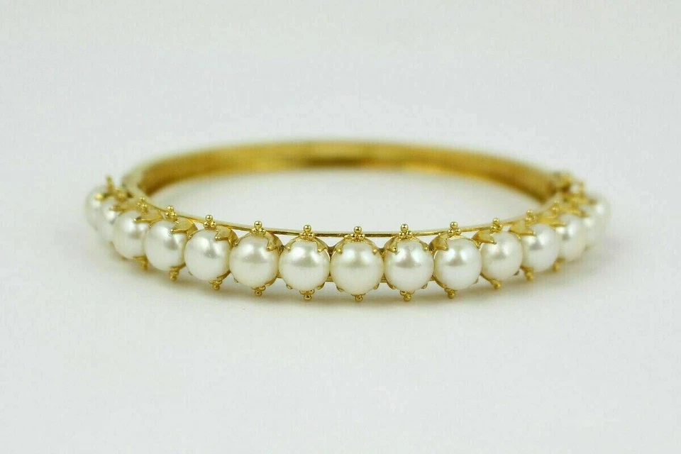 Round Lab Created Perl Diamond Anniversary Gift Bangle 14K Yellow Gold Plated - Image 1 of 4