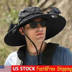 Outdoor Wide Brim Sun Bucket Hat with 2 Solar Fan UV Protection For Men Women US - Picture 1 of 6