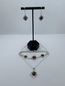 New Vintage Style Tiger Eye Necklace & Earrings Bracelet Silver Tone Set - Picture 1 of 13