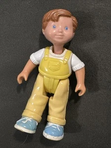 1993 Fisher Price Loving Family Dollhouse Brunette Boy Doll Yellow Overalls - Picture 1 of 7