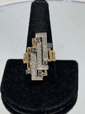 14 Kt Gold Genuine  Diamond & Sapphire Unique Statement Ring 13 GTW - Stunning - Image 1 of 4
