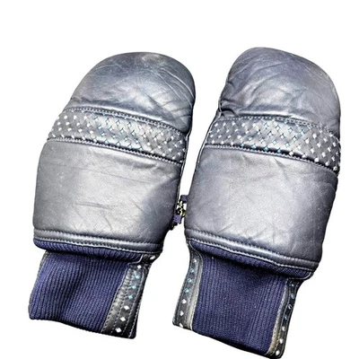 Vintage Grandoe Mens Mittens Size M Leather & Knit Navy Blue Gold Accents CM2093 - Image 1 of 4