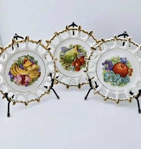 Vintage 3 Piece Reticulated Gold Gild Napco Fruit Themed Hand Painted 6" Plates  - Picture 1 of 19