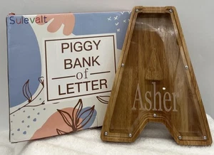 Personalized Piggy Bank Wooden Decor Gift For Kids Letter A Name ( Asher ) New - Picture 1 of 8
