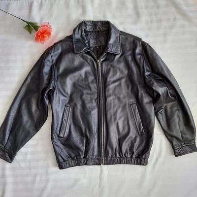 St. Johns Bay Leather Jacket Mens LT (Large Tall) Quilt Lined Full Zip Up Bomber - Image 1 of 4