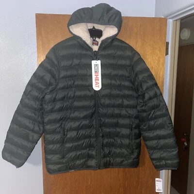 32 Degrees Heat Jacket Mens L Green Full Zip Sherpa Down Puffer Hooded Coat New - Image 1 of 4