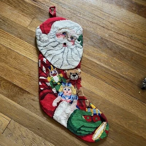 Handmade Needlepoint Santa Claus Armload of Toys Christmas Stocking Vintage VTG - Picture 1 of 4