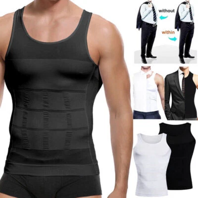 Men Compression T-Shirt Body Shaper Slim Vest Moobs Chest High Workout Tank Tops - Image 1 of 4