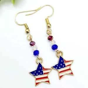USA Flag Star Dangle Earrings – Patriotic Red, White & Blue Beaded Jewelry - Picture 1 of 3
