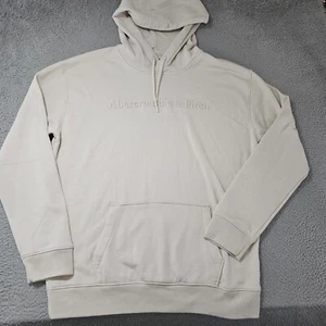Abercrombie & Fitch Sweater Mens Large Cream Embroidered Spellout Hoodie Preppy - Picture 1 of 11