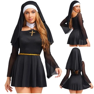 Abito cosplay suora cattiva sexy adulto donna vestito festa fantasia con foulard - Foto 1 di 25