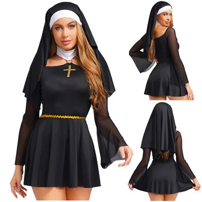 Sexy Mujeres Travieso Monja Juegos con disfraces Vestido Elegante con Pañuelo Fiesta Temática de Halloween Foto 1 de 3