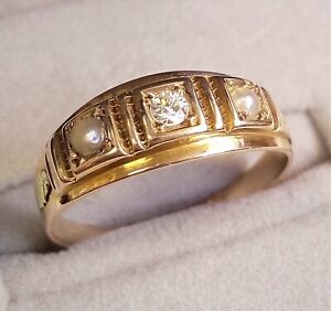 LOVELY ANTIQUE VICTORIAN 1883 15 CARAT GOLD REAL DIAMOND & PEARL RING SIZE M/N/7