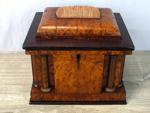 Exceptional 1800s Sewing Jewelry Valuables Box with Burled Veneers and Columns Cover